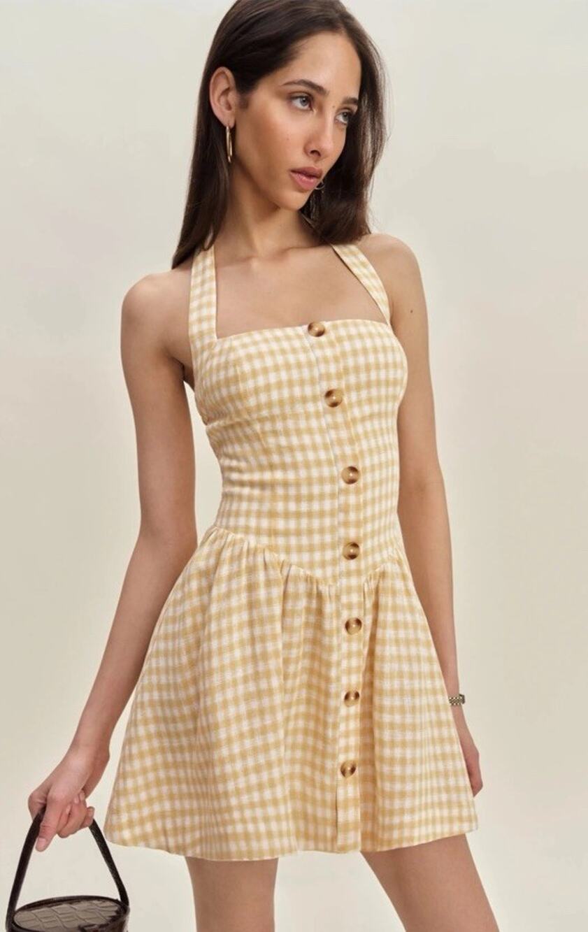 NWOT Reformation Mariela Yellow Linen Mini Dress Sunshine Check Size 2 $218